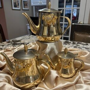 Vintage stainless steel gold Teapot set Flowers Design With Lid three piece